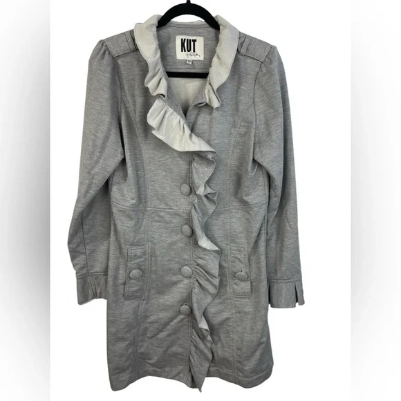 Kut from the Kloth Button Front Ruffle Gray Long Casual Jacket M GUC - Picture 1 of 16